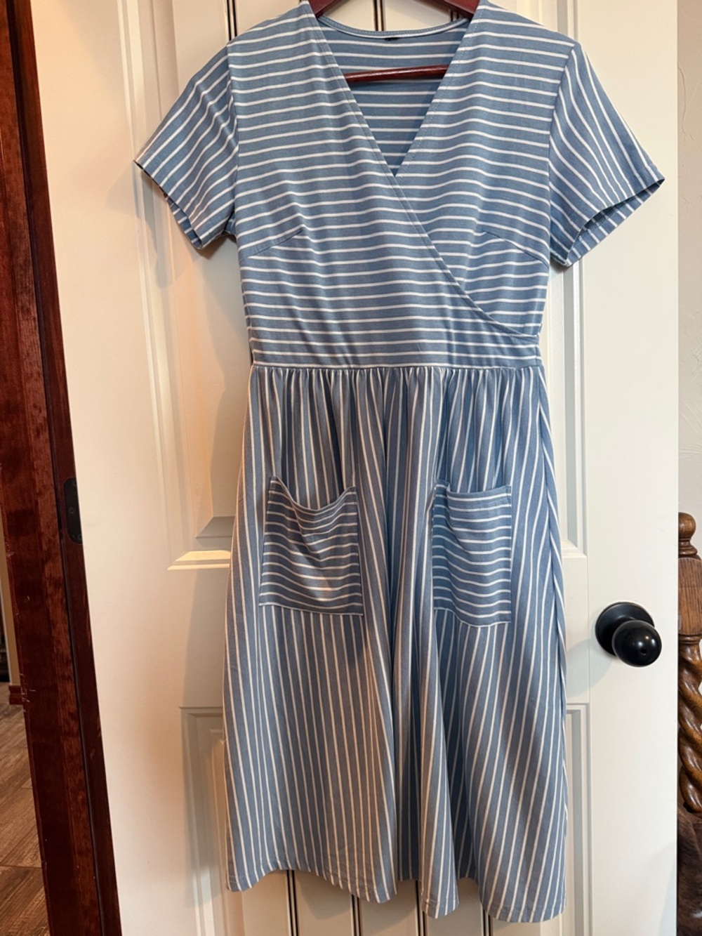 Blue and White Striped Wrap-Style Midi Dress